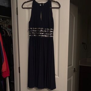 JS Boutique Navy Blue Dress with Silver and Navy Sequins Front Openning